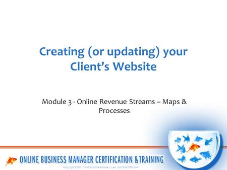 Copyright 2010 Tina Forsyth & Andrea J. Lee CertifiedOBM.com Creating (or updating) your Client’s Website Module 3 - Online Revenue Streams – Maps & Processes.