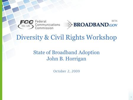 1 Diversity & Civil Rights Workshop State of Broadband Adoption John B. Horrigan October 2, 2009.