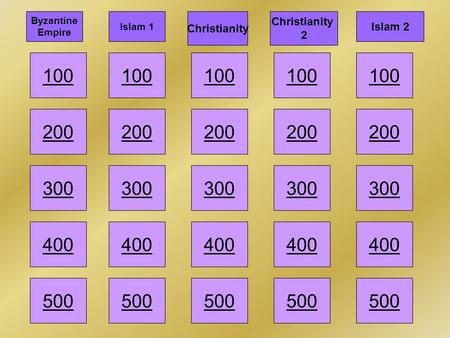 100 200 500 400 300 100 200 300 400 500 Byzantine Empire Islam 1 Christianity 2 Islam 2.