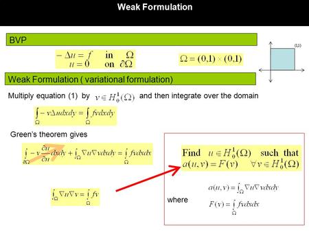 BVP Weak Formulation Weak Formulation ( variational formulation) where Multiply equation (1) by and then integrate over the domain Green’s theorem gives.