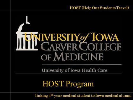 Linking 4 th year medical student to Iowa medical alumni HOST (Help Our Students Travel) HOST Program.