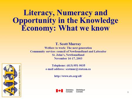 1 Literacy, Numeracy and Opportunity in the Knowledge Economy: What we know T. Scott Murray Welfare to work: The next generation Community services council.