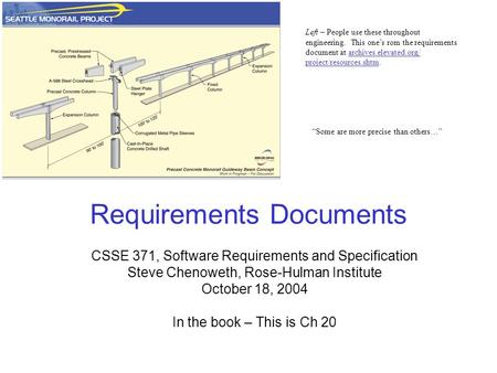 Requirements Documents CSSE 371, Software Requirements and Specification Steve Chenoweth, Rose-Hulman Institute October 18, 2004 In the book – This is.