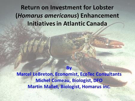 Return on Investment for Lobster (Homarus americanus) Enhancement Initiatives in Atlantic Canada By Marcel LeBreton, Economist, EcoTec Consultants Michel.
