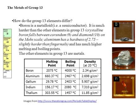 The Metals of Group 13 How do the group 13 elements differ? Boron is a metalloid (i.e. a semiconductor). It is much harder than the other elements in group.
