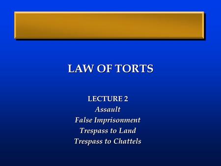 LAW OF TORTS LECTURE 2 Assault False Imprisonment Trespass to Land