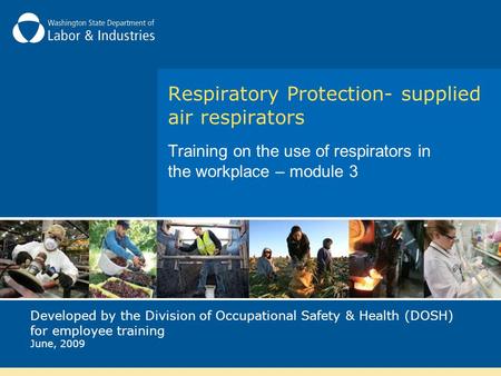 Respiratory Protection- supplied air respirators Training on the use of respirators in the workplace – module 3 Developed by the Division of Occupational.