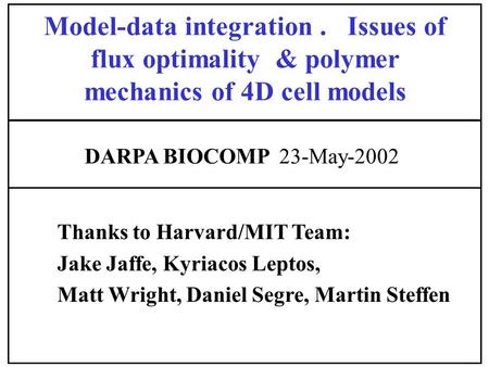 Thanks to Harvard/MIT Team: Jake Jaffe, Kyriacos Leptos, Matt Wright, Daniel Segre, Martin Steffen DARPA BIOCOMP 23-May-2002 Model-data integration. Issues.