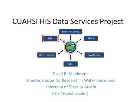 CUAHSI HIS Data Services Project David R. Maidment Director, Center for Research in Water Resources University of Texas at Austin (HIS Project Leader)