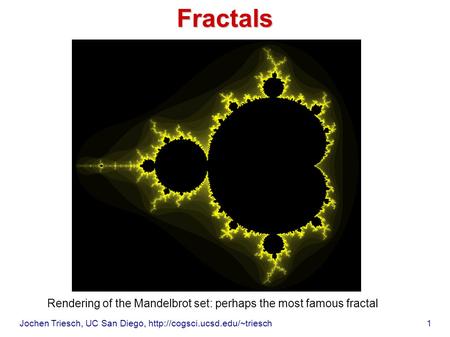 Jochen Triesch, UC San Diego,  1 Rendering of the Mandelbrot set: perhaps the most famous fractal Fractals.