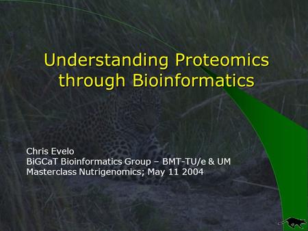 Understanding Proteomics through Bioinformatics Chris Evelo BiGCaT Bioinformatics Group – BMT-TU/e & UM Masterclass Nutrigenomics; May 11 2004.