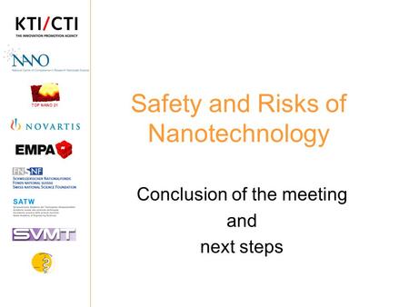 TOP NANO 21 Safety and Risks of Nanotechnology Conclusion of the meeting and next steps.