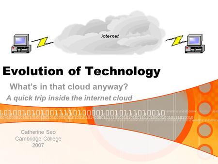 Evolution of Technology What’s in that cloud anyway? A quick trip inside the internet cloud Catherine Seo Cambridge College 2007.