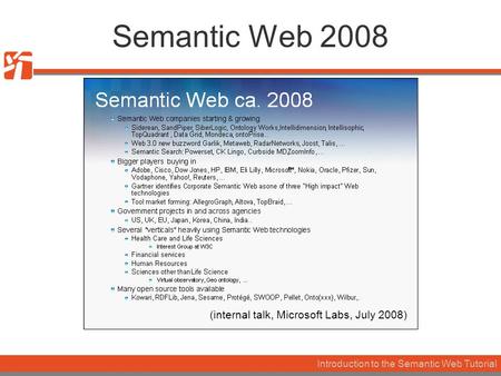 Introduction to the Semantic Web Tutorial (internal talk, Microsoft Labs, July 2008) Semantic Web 2008.