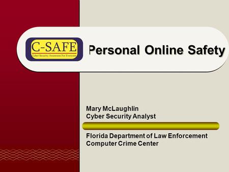 Personal Online Safety Florida Department of Law Enforcement Computer Crime Center Mary McLaughlin Cyber Security Analyst.