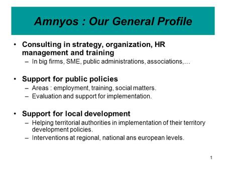 1 Amnyos : Our General Profile Consulting in strategy, organization, HR management and training –In big firms, SME, public administrations, associations,…