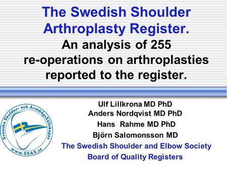 The Swedish Shoulder Arthroplasty Register. An analysis of 255 re-operations on arthroplasties reported to the register. Ulf Lillkrona MD PhD Anders Nordqvist.