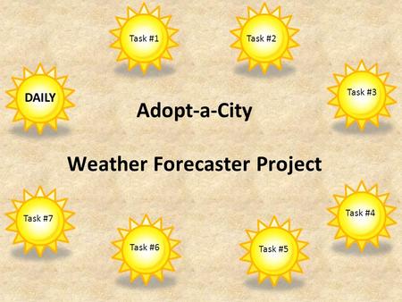 Adopt-a-City Weather Forecaster Project Task #1Task #2 Task #3 Task #4 Task #5 Task #6 DAILY Task #7.