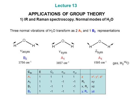 Lecture 13 APPLICATIONS OF GROUP THEORY 1) IR and Raman spectroscopy. Normal modes of H 2 O Three normal vibrations of H 2 O transform as 2 A 1 and 1 B.