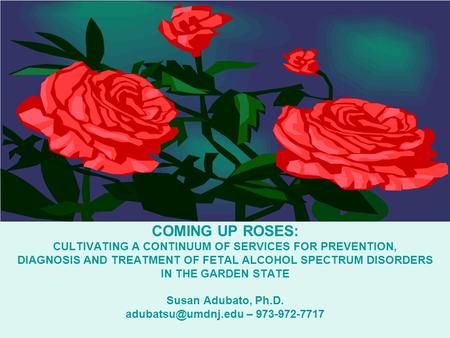 COMING UP ROSES: CULTIVATING A CONTINUUM OF SERVICES FOR PREVENTION, DIAGNOSIS AND TREATMENT OF FETAL ALCOHOL SPECTRUM DISORDERS IN THE GARDEN STATE Susan.
