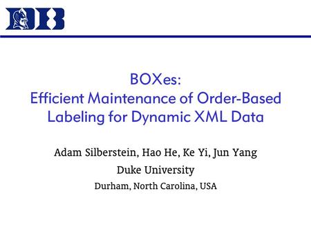 Adam Silberstein, Hao He, Ke Yi, Jun Yang Duke University Durham, North Carolina, USA BOXes: Efficient Maintenance of Order-Based Labeling for Dynamic.
