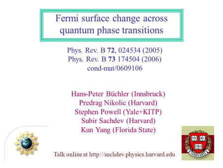 Fermi surface change across quantum phase transitions Phys. Rev. B 72, 024534 (2005) Phys. Rev. B 73 174504 (2006) cond-mat/0609106 Hans-Peter Büchler.