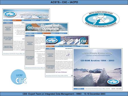 CBS Expert Team on Integrated Data Management – WMO - 15-18 December 2003 ACSYS – CliC – IACPO.