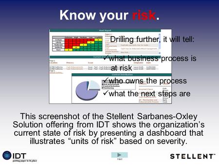 Know your risk. This screenshot of the Stellent Sarbanes-Oxley Solution offering from IDT shows the organization’s current state of risk by presenting.