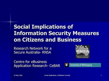 29 May 2006 Social Implications of National Security 1 Social Implications of Information Security Measures on Citizens and Business Research Network for.