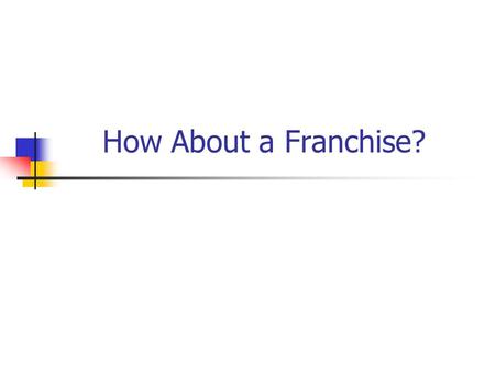 How About a Franchise?. Types of Franchises Product Distribution Arrangements Business Format Franchises Single-unit franchise Area franchise Master franchise.