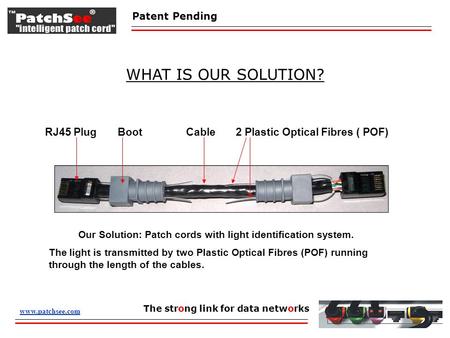 Patent Pending The strong link for data networks WHAT IS OUR SOLUTION? www.patchsee.com RJ45 Plug Boot Cable 2 Plastic Optical Fibres ( POF) Our Solution: