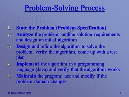 © Janice Regan 2004 1 Problem-Solving Process 1. State the Problem (Problem Specification) 2. Analyze the problem: outline solution requirements and design.