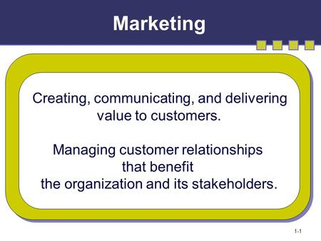 Marketing 1-1 Creating, communicating, and delivering value to customers. Managing customer relationships that benefit the organization and its stakeholders.