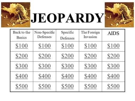 JEOPARDY Back to the Basics Non-Specific Defenses Specific Defenses The Foreign Invasion AIDS $100 $200 $300 $400 $500.