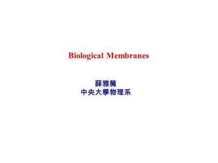 Biological Membranes 薛雅薇 中央大學物理系. Cell Membrane Two primary building blocks : - Protein - Lipid, or fat. Lipids form a bilayer. The glycocalyx carbohydrate.