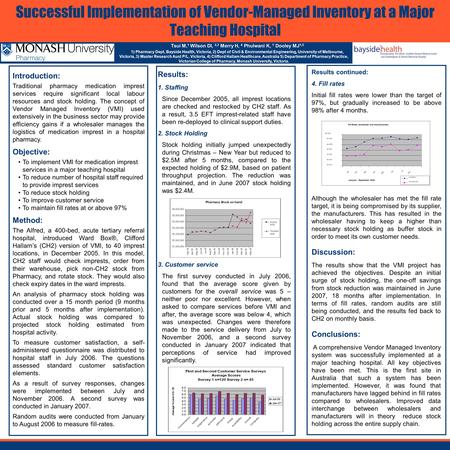 Successful Implementation of Vendor-Managed Inventory at a Major Teaching Hospital Tsui M, 1 Wilson DI, 2,3 Merry H, 4 Phulwani K, 1 Dooley MJ 1,5 1) Pharmacy.