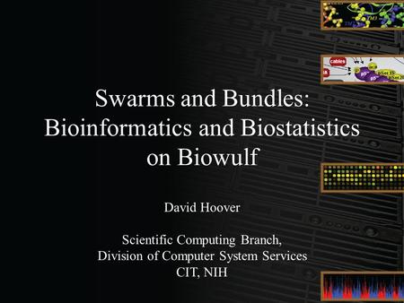 David Hoover Scientific Computing Branch, Division of Computer System Services CIT, NIH Swarms and Bundles: Bioinformatics and Biostatistics on Biowulf.