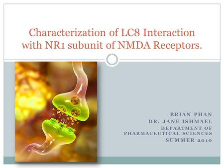 BRIAN PHAN DR. JANE ISHMAEL DEPARTMENT OF PHARMACEUTICAL SCIENCES SUMMER 2010 Characterization of LC8 Interaction with NR1 subunit of NMDA Receptors.