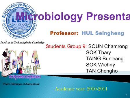 Institut de Technologie du Cambodge Génie Chimique et Alimentaire Microbiology Presentation Professor: HUL Seingheng Students Group 9: SOUN Chamrong SOK.