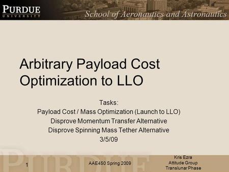 AAE450 Spring 2009 Arbitrary Payload Cost Optimization to LLO Tasks: Payload Cost / Mass Optimization (Launch to LLO) Disprove Momentum Transfer Alternative.