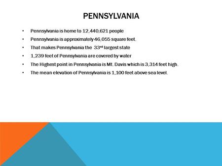 PENNSYLVANIA Pennsylvania is home to 12,440,621 people Pennsylvania is approximately 46,055 square feet. That makes Pennsylvania the 33 rd largest state.