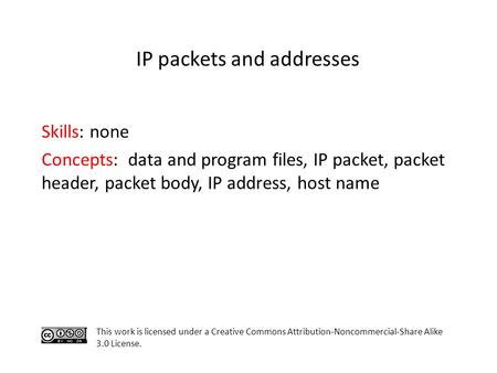 Skills: none Concepts: data and program files, IP packet, packet header, packet body, IP address, host name This work is licensed under a Creative Commons.