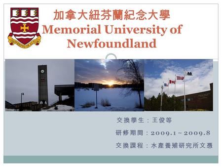 交換學生：王俊等 研修期間： 2009.1 ～ 2009.8 交換課程：水產養殖研究所文憑 加拿大紐芬蘭紀念大學 Memorial University of Newfoundland.