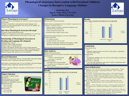 Phonological Awareness Intervention with Preschool Children: Changes in Receptive Language Abilities Jodi Dyke, B.S. Tina K. Veale, Ph.D., CCC-SLP Eastern.