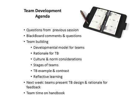 Team Development Agenda Questions from previous session BlackBoard comments & questions Team building Developmental model for teams Rationale for TB Culture.