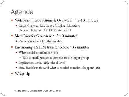Agenda Welcome, Introductions & Overview ~ 5-10 minutes David Cedrone, MA Dept of Higher Education; Deborah Boisvert, BATEC Center for IT MassTransfer.