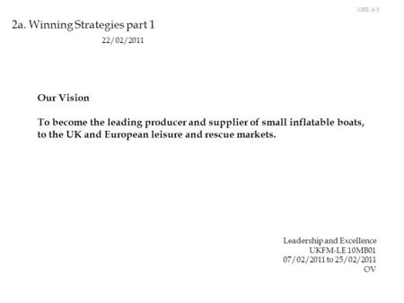 2a. Winning Strategies part 1 MBE A-1 22/02/2011 Leadership and Excellence UKFM-LE 10MB01 07/02/2011 to 25/02/2011 OV Our Vision To become the leading.
