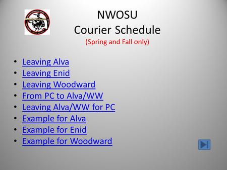 NWOSU Courier Schedule (Spring and Fall only) Leaving Alva Leaving Enid Leaving Woodward From PC to Alva/WW Leaving Alva/WW for PC Example for Alva Example.