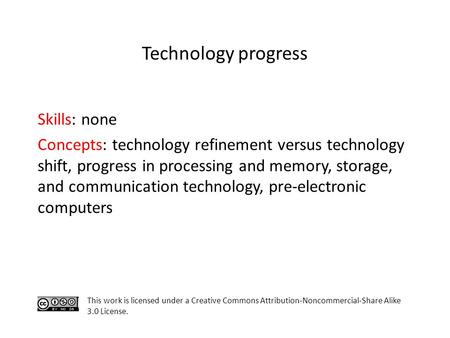 Skills: none Concepts: technology refinement versus technology shift, progress in processing and memory, storage, and communication technology, pre-electronic.