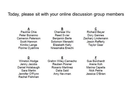 Today, please sit with your online discussion group members.